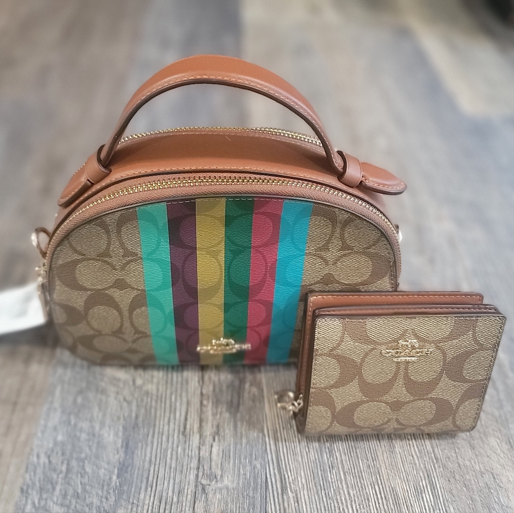 Coach Tan Multicolor Stripe Crossbody Bag w/ matching Wallet